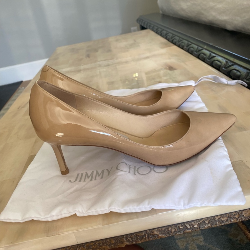 Nude Patent Leather Jimmy Shoe Heels